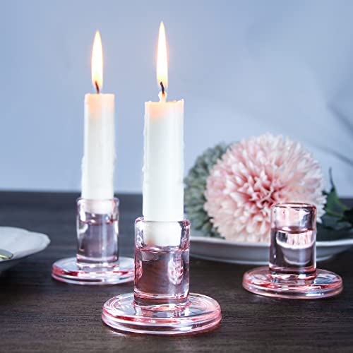 TELOSMA Pink Glass Candle Holders 6PCS for Taper Candles, Candlestick Holders Fit to Taper Candle which Diameter 5/6-7/8 inch, for Wedding Party, Valentine's Dating Dinner Table Decor