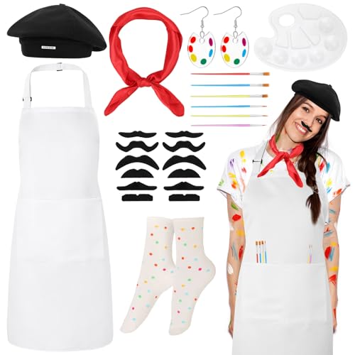 XLSXEXCL Artist Costume for Adults, Painter Dress Up Set with Artist Apron, French Beret, and Art Supplies Accessories for Halloween, Costume Parties, Theme Events, theatrical performances