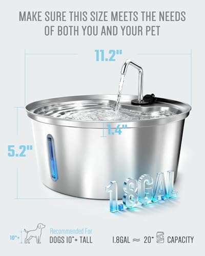 Image of Dog Water Fountain Stainless Steel, 7L /1.8Gal Pet Fountain Water Bowl with Multi-Filtration & Deeper Drinking Aera, Large cat Water Fountain with Water Window & LED, Ultra-Quiet