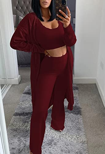 Image of Fixmatti Women's Fuzzy 3 Piece Sweatsuit Open Front Cardigan Crop Tank Tops Wide Legs Pants Lounge Sets