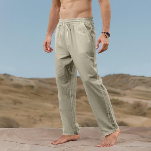 MorwenVeo Calça masculina de linho casual - calça casual solta leve com cordão para ioga praia - 6 c