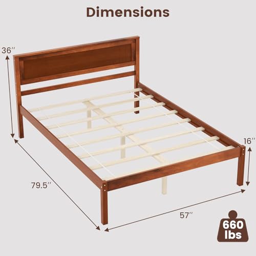 Image of GIANTEX Full Size Wood Platform Bed with Headboard, Mid Century Solid Wood Full Bed with Slat Support, Double Bed Frame with 16 inch Under Bed Storage, No Box Spring Needed, Easy Assembly, Walnut
