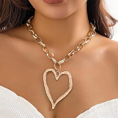 Chunky Gold Heart Necklace for Women,Y2K Big Heart Statement Necklace Long Puffy Hearts Chain Charm Necklaces Trendy Jewerly4