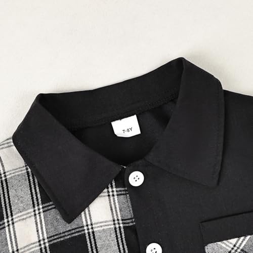 Image of Boy Clothes Fall Winter Outfits Long Sleeve Plaid Patchwork Button Down Shirt + Casual Pocket Sweatpants 5-14 Years