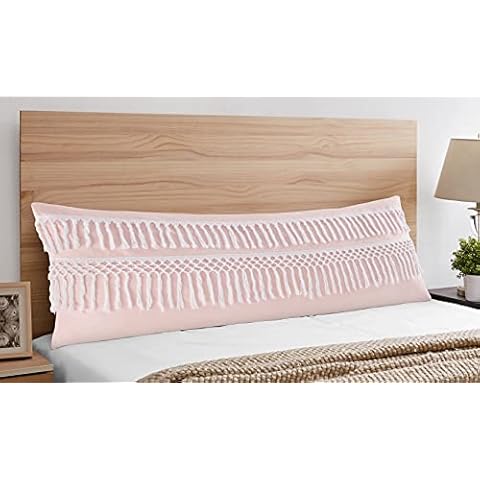 Boho Bohemian Light Blush Pink and White Macrame Tassel Accent Decorative Couch Long Lumbar Throw Zipper Body Pillow Cover Case 54x20 Cotton Fringe Luxury Farmhouse Textured Rustic Tufted Room Decor Cover
