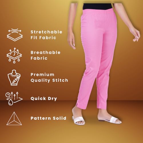 Image of Happy Bunny Cotton Blend Lycra Kurti Pants for Women, Soft 30% Stretch Full Length Trousers with Elastic Waist & Zip Pocket, Ideal for Office, Work, Casual, Home Wear Breathable Slim Fit