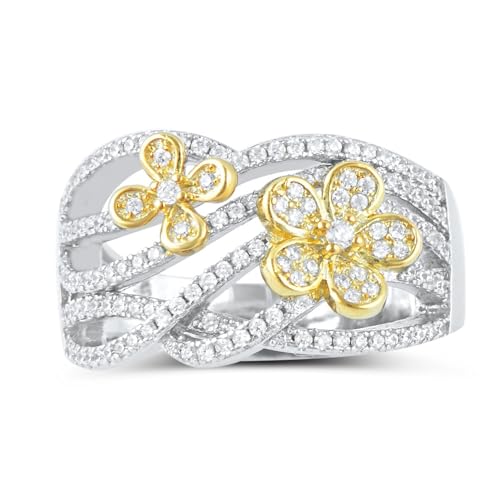SILVERCLOSEOUT Sterling Silver Simulated Diamond Two Tone Flower Ring - Size 6, for Women, Comfort Fit, Stackable, Daily Wear, Hypoallergenic, Nickel Free, Gift for Her, Polished Finish