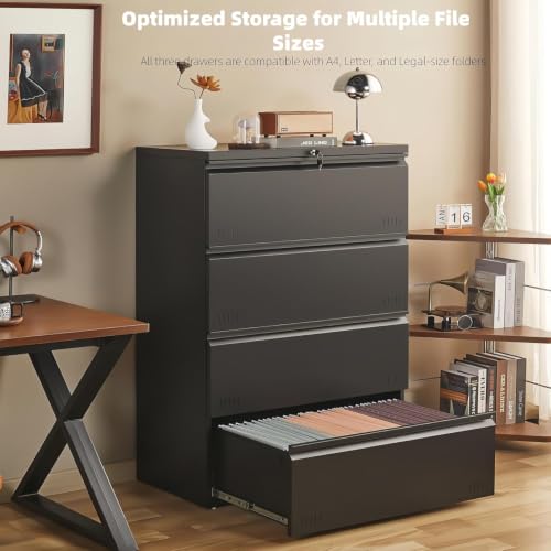 Image of Guizeeopo Metal File Cabinet with Lock, 4 Drawer Lateral File Cabinets for Home Office, Heavy Duty Office Storage Cabinet for A4 /Letter /Legal Size, Assembly Required(Black)
