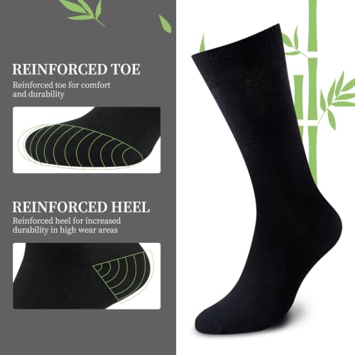Image of Niorasen Men's Bamboo Rayon Dress Socks, 6 Pairs, Mid Calf | 90% bamboo rayon socks with breathable fabric and reinforced heel and toe; classic solid style for business and daily wear.