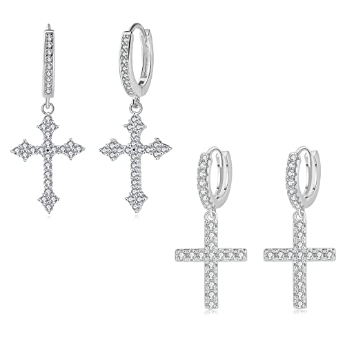 2 Pairs Cross Earrings for Men Hoop Dangle 14K Gold Plated Iced Out Dangling Classical Small 5A+ Cubic Zirconia Pave CZ Huggie Drop Post Earring for Women Jewelry GIFT
