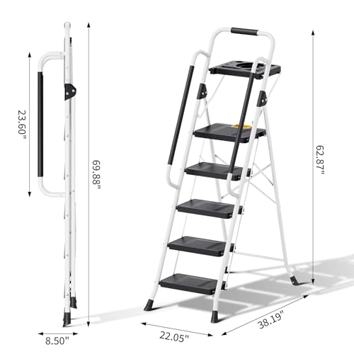 KINGRACK Folding 5-Step Ladder, 800 lbs Capacity Step Stool with Safety Lock, Tool Tray, Non-Skid Wide Steps, Handrail, Household Folding Ladder for Home, Garden, Painting, Outdoor, and Garage, White