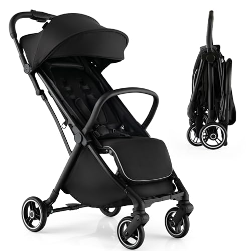HONEY JOY Lightweight Baby Stroller, Compact Travel Stroller for Airplane, Fits Airplane Cabin & Overhead, One-Hand Gravity Fold, Self-Standing Toddler Stroller w/Adjustable Backrest/Canopy(Black)