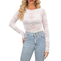 Maglia da donna, in pizzo trasparente, a rete, sexy, a maniche lunghe, con motivo floreale trasparente, Y2K Rave, Bianco01, L