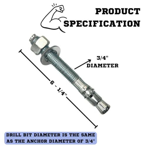 MIGHTY FASTENERS Zinc-Plated Steel Wedge Anchors, 3/4" X 6-1/4" - Heavy-Duty Mounting Bolts for Concrete - 50 Pack - Thumbnail 4