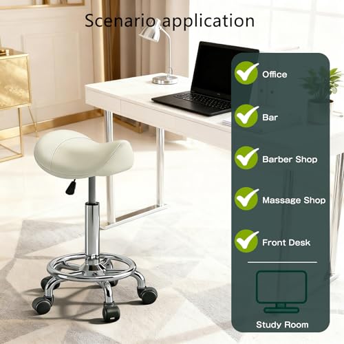 Image of Saddle Stool with Wheels, Adjustable Rolling Stool Chair with Back Support, Ergonomic PU Leather Saddle Chair for Salon, Massage, Tattoo, Medical, Spa, Office (White, 1PCS)