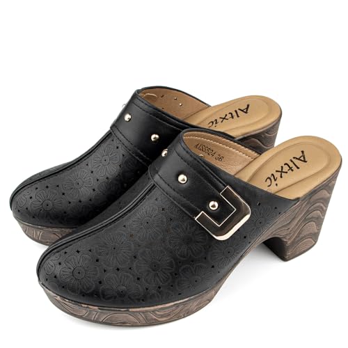 Image of Altxic Women's Hollow Out Low Block Chunky Heels Comfy Slip On Wood Grain Open Back Mule Clogs Black 9 US