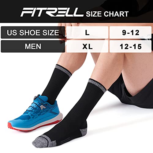 Fitrell 6 Pack Men's Athletic Crew Socks Cushioned Work Boot Socks, Black*6, X-Large
