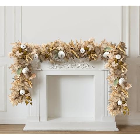 Clycaloor 6.8ft Fall Garland Maple Leaf Autumn Thanksgiving Pumpkin Berry Garland, Christmas Halloween Mantle Fireplace Farmhouse Harvest Decorations for Home Outdoor Indoor(White) Cover