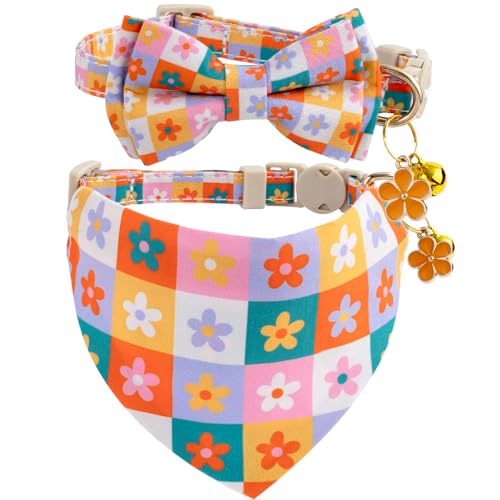 Faygarsle 2 Pack Floral Pattern Cat Collar Set with Bandana and Bow Tie, Breakaway Safety Buckle, Colorful Checkered Design