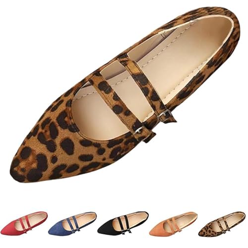 Women's Mary Jane Flats - Comfortable Leopard Ballet Shoes, Suede Slip-On Flats with Adjustable Strap, Closed Toe Dressy Shoes