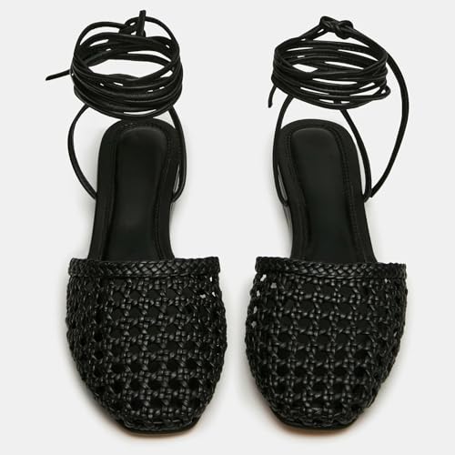 Image of Woven Ballet Flats for Women Lace Up Closed Square Toe Summer Sandals Dressy Shoes