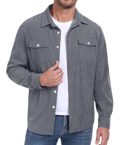 Image of Askdeer Men's Corduroy Button Down Shirts Long Sleeve Casual Shacket Jacket Western Corduroy Shirt Jacket with Flap Pockets