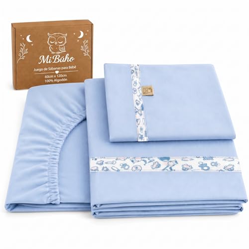 Mi Búho,Sabanas Cuna 60x120 Algodon para Bebé, Juego Completo 3 Piezas con Bajera Ajustable, Encimera Y Funda De Almohada, 100% Algodón Suave para Descanso Diario (Celeste)