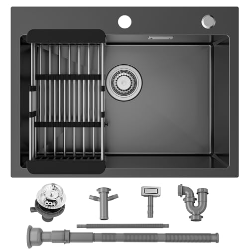 Sofetiy Fregadero de cocina de 60 x 45 cm, negro antracita, en acero inoxidable, moderno, rectangular, para armario bajo a partir de 60 cm, con orificio para grifo