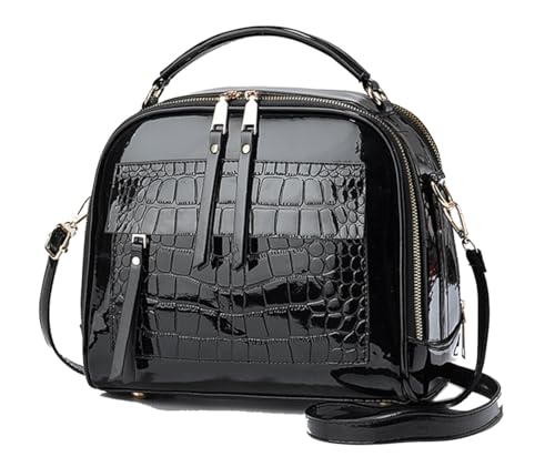 Bolsa de couro envernizado com vários bolsos, bolsa de ombro com estampa de pedra em toda a volta da bolsa transversal com zíper, Preto