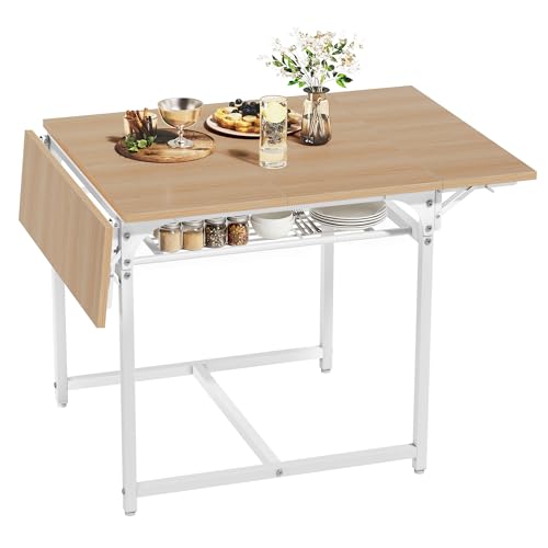 YITAHOME Mesa de Comedor Plegable, Mesa de Hoja de Gota Extensible con Estante de Almacenamiento y 4 Patas Ajustables, Asientos para 2 6 Personas, 120 x 78 x 75 cm, Roble Amarillo y Blanco