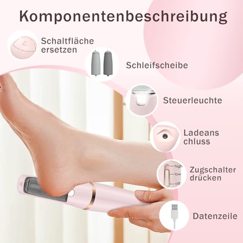 Hornhautentferner Elektrisch, Wiederaufladbarer Hornhaut Entfernen Fuß,Fußschleifer Elektrischer Hornhautentferner Füße für Abgestorbene, Schwere, Trockene Haut an Den Fersen (Rosa)