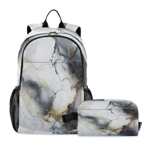 Sac à dos étudiant marbre blanc et son sac isotherme pour les sorties et trajets
