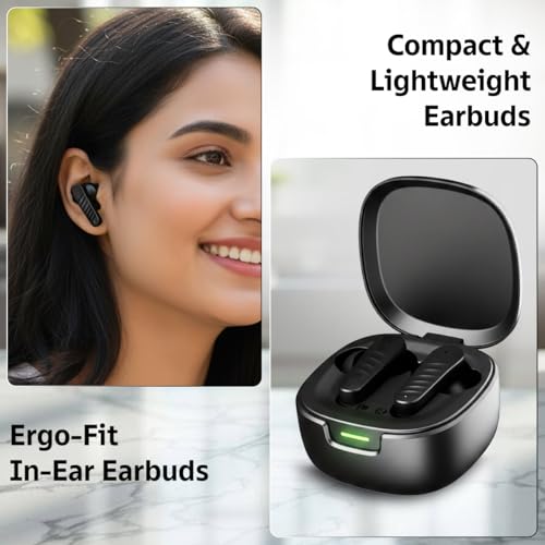 Image of pTron Bassbuds NEO TWS Earbuds w / 13mm Drivers, 45Hrs Playtime, Dual HD Mic & AI-ENC Calls, Custom EQ, Mobile App, Bluetooth V5.4 Earphones, Voice Assistant, Type C Fast Charging & IPX5 (Raven Black)
