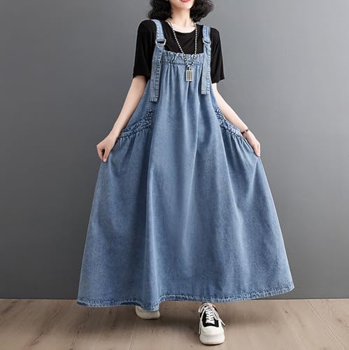 Image of Women's Casual Loose Denim Dress Sleeveless Adjustable Straps Denim Jumper Dress with Pockets