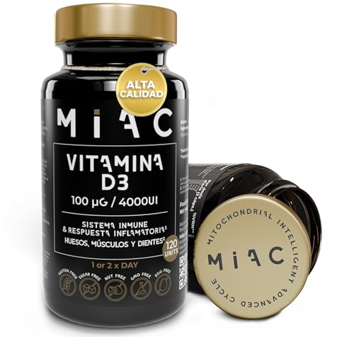MIAC Vitamina D3 4000 UI. Vitaminas D3 120 Cápsulas para el Mantenimiento de Huesos y Músculos. Complemento Vitamínico para el Sistema Inmunitario y Absorción del Calcio y Fósforo