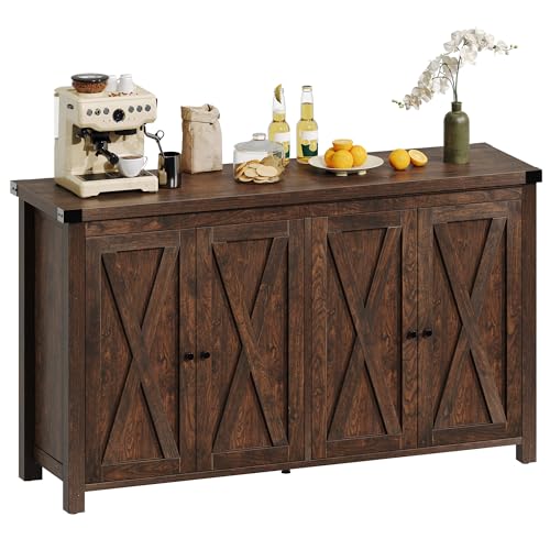 DWVO Farmhouse Sideboard Buffet Cabinet with Storage, 55'' Kitchen Storage Cabinet with Doors, Large Coffee Bar Cabinets with Adjustable Shelves for Kitchen, Living Room, Brown