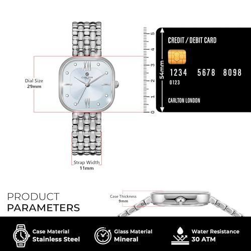 Image of Carlton London Chelsea Women Stainless Steel Analog Watch | Silver Waterproof Watches for Women Girls Ladies | Luxury Square Watch | Fashionable Trendy Quartz Movement Wrist Watch