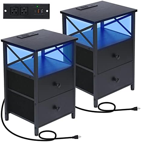AMHANCIBLE LED Nightstands Set of 2, End Tables Living Room with Fast Charging Station, Bedside Table with USB C Charger Port and Power Outlet, Modern Night Stand with 2 Drawers for Bedroom Black