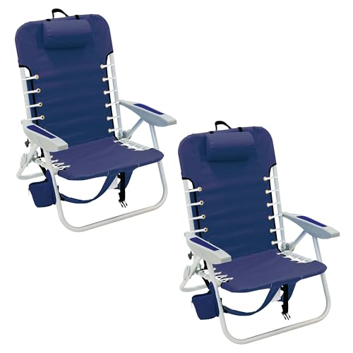 Rio Brands 2-Pack 4-Position Backpack Lace-Up Suspension Folding Beach Chair with Pillow and Cup Holder, Navy