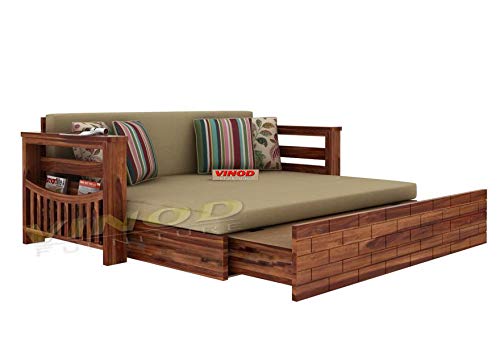 Image of Solid Wooden Sheesham Wood 3-Person Sofa Cums Bed With Storagefor Home Furniture|Without Pillow With|Living Room|(Teak Finish,Brown)