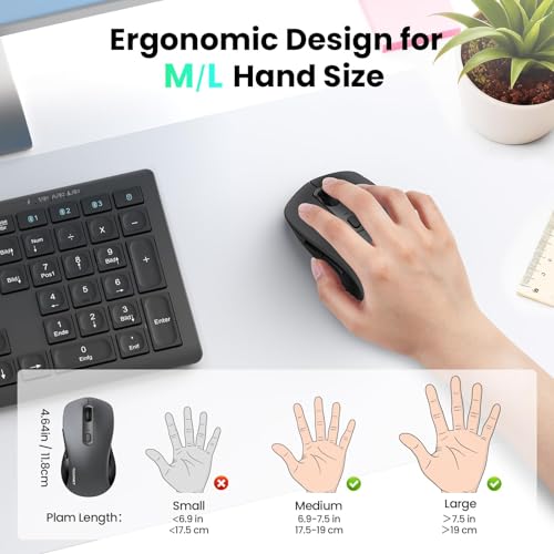 Image of TECKNET Rechargeable Bluetooth Mouse, [ USB + BT5.0 + BT3.0 ] Wireless Mouse, Ergonomic Design, Silent Click, 6-Level 4800 DPI Wireless Mice, 3-Device Switching for Laptop, Computer, MacBook（Grey）