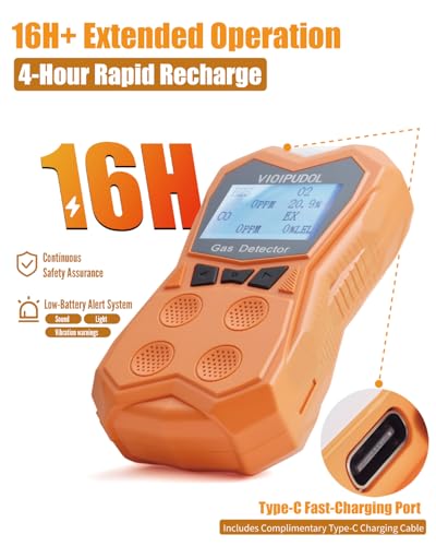 Gas Detector, 4 Gas Alarms for CO, O2, H2S and LEL, Multi Gas Leak Detector (Vibration, Visual, Audible) with High Sensitive Sensor, Rechargeable Gas Monitor with 16H Long Battery Life, IP65 - Thumbnail 2