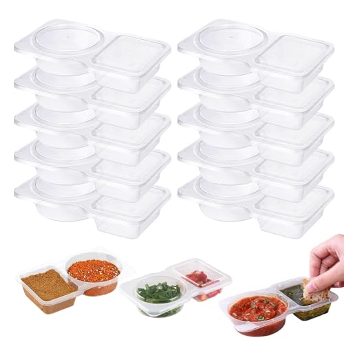 DTXYBC 10 Piezas Contenedor de Condimento de Doble Compartimento, Contenedor Portátil de 2 Compartimento con Tapa, Para Salsas y Snacks (10)