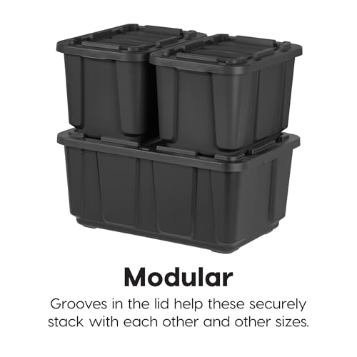 Image of IRIS USA 4-Pack 12 Gallon Storage Bins with Lids |Made in USA| Heavy Duty Plastic Tote Containers for Truckbed Tool Box Organization, Large - Black