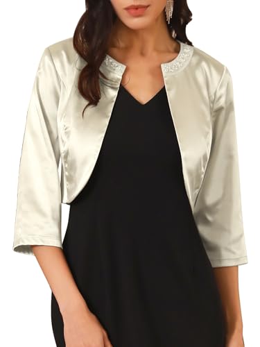 Women's Open Front Shrugs 3/4 Sleeve Beaded Trim Wedding Guest Cocktail Crop Satin Bolero