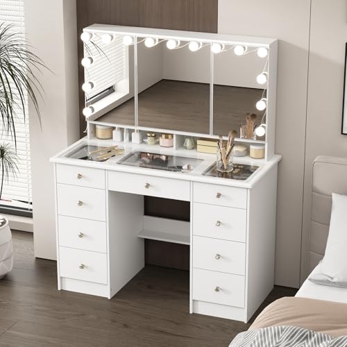 FUFU&GAGA Vanity Desk with Mirror and Bulb Lights, Large Makeup Vanity with Glass Top, Modern Dressing Table with 9 Drawers & Hidden Shelves for Bedroom, White, 43.3”W x 19.7”D x 53.6”H