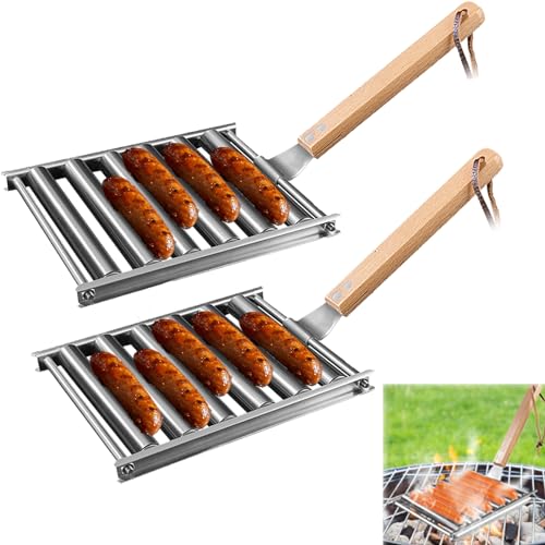 Hot Dog Roller for Grill, Sausage Roller Stainless Steel Rack with Extra Long Wood Handle,5 Hot Dog Capacity,Grill Accessories for Barbecue,Evenly Cooked Hot Dog,For Outdoor BBQ (2Pcs)