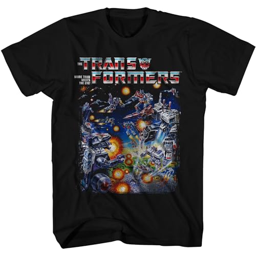 Transformers Retro Scene 80's Cartoon Toy Autobots Decepticons Officially Licensed Adult T-Shirt, Black, Medium