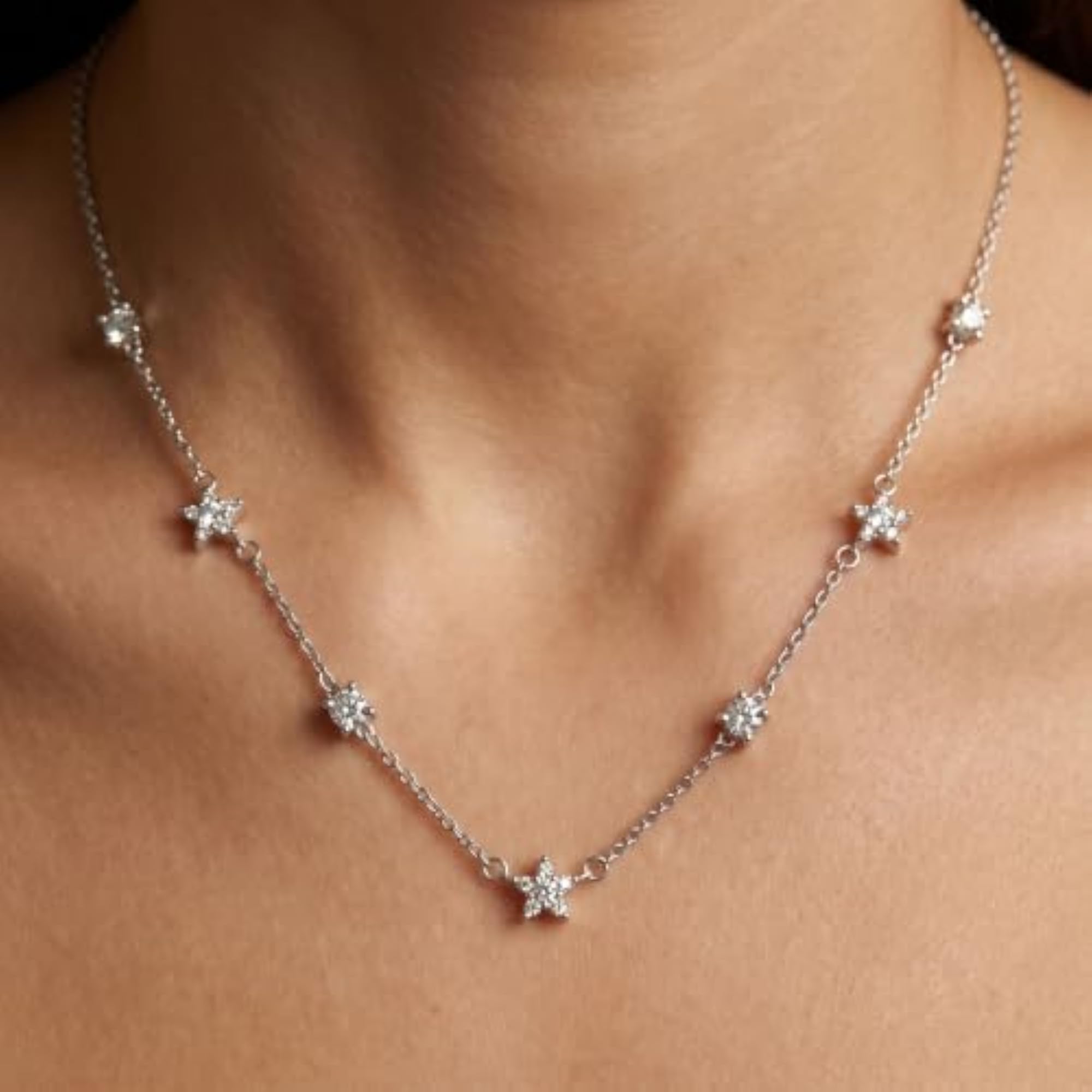Women's 925 Sterling Silver Star Station Pendant Necklace, Adjustable Chain