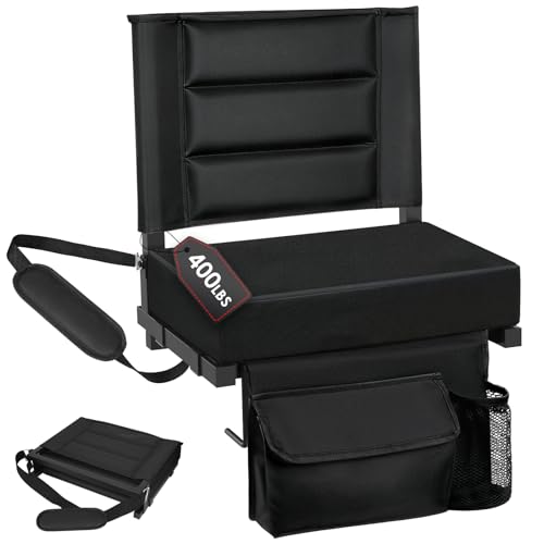 LLEVTIC Stadium Seats with Back Support, Portable Bleacher Seat with Extra Thick Cushion, Folding Stadium Chair with Shoulder Strap, Removable Cushion and Storage Pocket for Sports Events